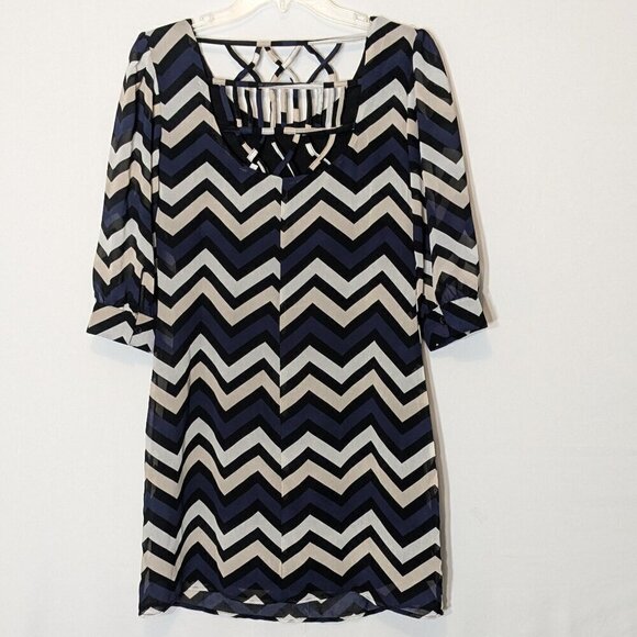 THREE PINK HEARTS Black/Navy Blue Chevron Stripe Chiffon Short Dress; Size XS - Picture 2 of 7